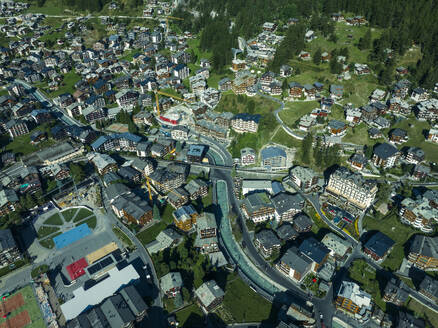 Aerial view of Zermatt, a small town famous for winter destination on the Swiss Alps, Valais, Switzerland. - AAEF23360