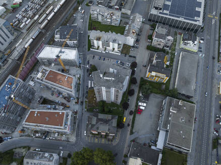 Aerial view of empty streets and buildings in Visp town, Valais, Switzerland. - AAEF23367