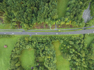 Aerial view of vehicles on the highway driving along the Brienzersee Lake in summertime, Bern, Switzerland. - AAEF23404