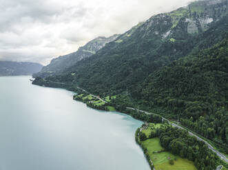 Aerial view of a road following the Brienzersee Lake coastline, Bonigen, Bern, Switzerland. - AAEF23409