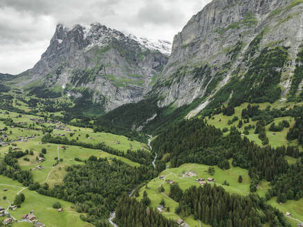 Aerial view of Schwarze Lutschine river in Grindelwald town with Bernese Alps in background, Swiss Alps, Bern, Switzerland. - AAEF23423