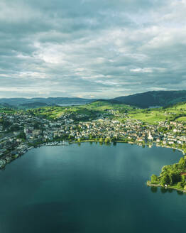 Aerial view of Kussnacht am Rigi, a small town along the Lake Lucerne at sunset, Schwyz, Switzerland. - AAEF23447