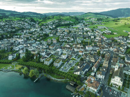 Aerial view of Kussnacht am Rigi, a small town along the Lake Lucerne at sunset, Schwyz, Switzerland. - AAEF23457