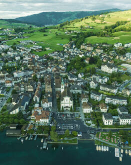 Aerial view of Kussnacht am Rigi, a small town along the Lake Lucerne at sunset, Schwyz, Switzerland. - AAEF23459