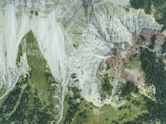 Aerial top down view of rock formation on the Dolomites mountains, Puez-Odle Nature Park in Trentino, South Tyrol, Italy. - AAEF23525