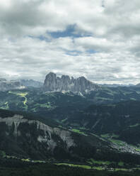 Aerial view of Sassolungo mountain (Langkofel), a beautiful mountain peak on the Dolomites, Trentino, South Tyrol, Italy. - AAEF23527