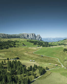 Aerial view of Sciliar Catinaccio Natural Park in Alpe di Siusi (Seiser Alm) in Trentino, South Tyrol in Northern Italy. - AAEF23557