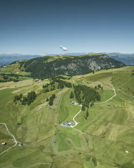 Aerial view of Alpe di Siusi (Seiser Alm) on the Dolomites mountains, Trentino, South Tyrol in Northern Italy. - AAEF23558