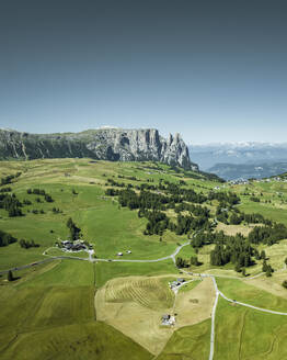 Aerial view of Sciliar Catinaccio Natural Park in Alpe di Siusi (Seiser Alm) in Trentino, South Tyrol in Northern Italy. - AAEF23561
