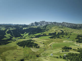 Aerial view of Alpe di Siusi (Seiser Alm) on the Dolomites mountains, Trentino, South Tyrol in Northern Italy. - AAEF23570