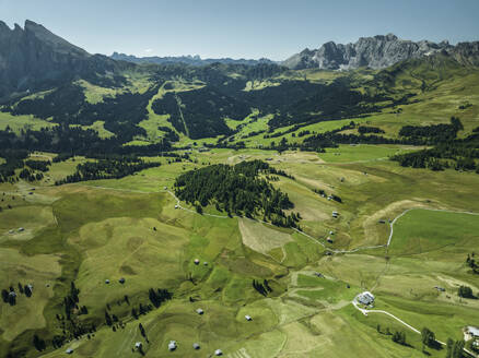 Aerial view of Alpe di Siusi (Seiser Alm) on the Dolomites mountains, Trentino, South Tyrol in Northern Italy. - AAEF23572