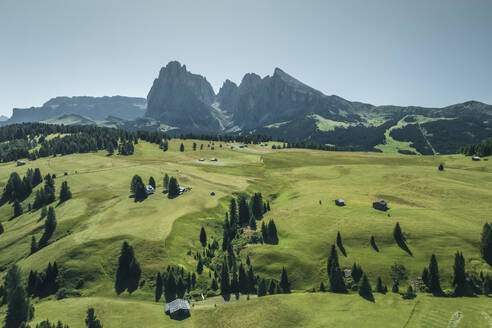 Aerial view of Sassolungo (Langkofel), a mountain peak on the Dolomites from Alpe di Siusi (Seiser Alm) in Trentino, South Tyrol in Northern Italy. - AAEF23575