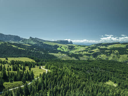 Aerial view of Sciliar Catinaccio Natural Park in Alpe di Siusi (Seiser Alm) in Trentino, South Tyrol in Northern Italy. - AAEF23577