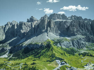 Aerial view of Passo Gardena on the Dolomites Mountains, Trentino, South Tyrol, Italy. - AAEF23595