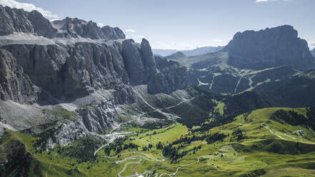 Aerial view of Passo Gardena on the Dolomites Mountains, Trentino, South Tyrol, Italy. - AAEF23597