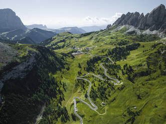 Aerial view of Passo Gardena on the Dolomites Mountains, Trentino, South Tyrol, Italy. - AAEF23613