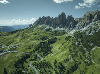 Aerial view of Passo Gardena on the Dolomites Mountains, Trentino, South Tyrol, Italy. - AAEF23614