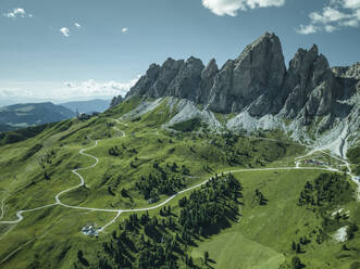 Aerial view of Passo Gardena on the Dolomites Mountains, Trentino, South Tyrol, Italy. - AAEF23616