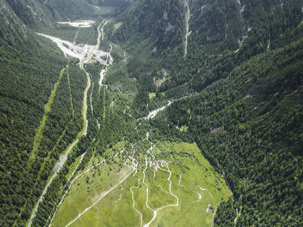 Luftaufnahme einer Straße entlang des Toblacher Sees durch einen Wald mit Bäumen, Dolomiten, Toblach, Trentino, Südtirol, Italien. - AAEF23634