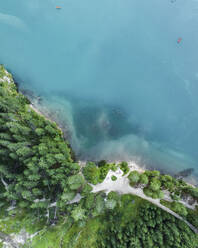 Aerial view of Braies Lake (Pragser Wildsee), coastline with forest trees and walking trails on Fanes-Senes-Braies, Dolomites, Trentino, South Tyrol, Italy. - AAEF23644