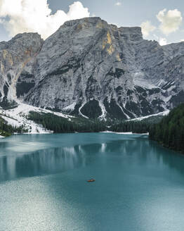 Aerial view of Braies Lake (Pragser Wildsee), a blue mountain lake on Fanes-Senes-Braies with Croda del Becco mountain in background, Dolomites, Trentino, South Tyrol, Italy. - AAEF23645