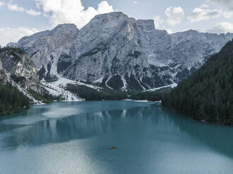 Aerial view of Braies Lake (Pragser Wildsee), a blue mountain lake on Fanes-Senes-Braies with Croda del Becco mountain in background, Dolomites, Trentino, South Tyrol, Italy. - AAEF23646