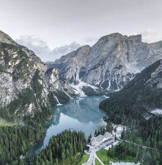 Aerial view of Braies Lake (Pragser Wildsee), a blue mountain lake on Fanes-Senes-Braies with Croda del Becco mountain in background, Dolomites, Trentino, South Tyrol, Italy. - AAEF23649