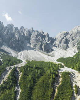 Aerial view of Croda dei Baranci (Birkenkofel) mountain peak on the Dolomites range, San Candido (Innichen), Trentino, South Tyrol, Italy. - AAEF23650