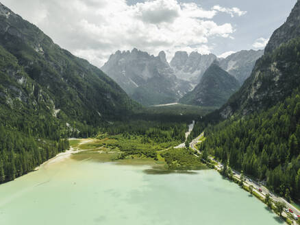 Aerial view of Landro Lake (Durrensee) with Monte Cristallo in background on Dolomites area, Upper Val Pusteria, Trentino, South Tyrol, Italy. - AAEF23664