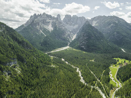 Aerial view of Monte Cristallo from Landro Lake (Durrensee) on Dolomites area, Upper Val Pusteria, Trentino, South Tyrol, Italy. - AAEF23666