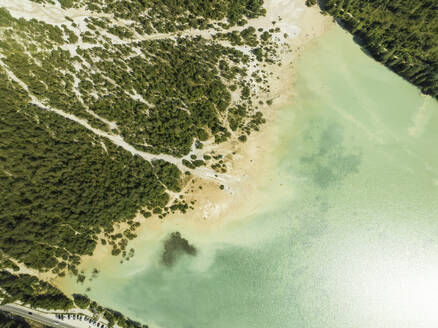 Aerial top down view of Landro Lake (Durrensee) Dolomites area, Upper Val Pusteria, Trentino, South Tyrol, Italy. - AAEF23667