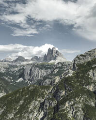 Aerial view of the Tre Cime di Lavaredo on Tre Cime Natural park (Drei Zinnen) on the Dolomites area, Trentino, South Tyrol, Italy. - AAEF23668