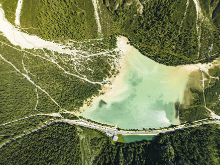 Aerial top down view of Landro Lake (Durrensee) Dolomites area, Upper Val Pusteria, Trentino, South Tyrol, Italy. - AAEF23669