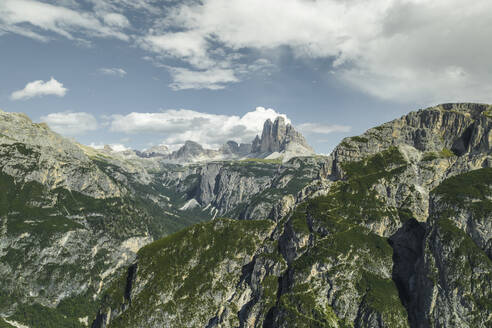 Aerial view of the Tre Cime di Lavaredo on Tre Cime Natural park (Drei Zinnen) on the Dolomites area, Trentino, South Tyrol, Italy. - AAEF23672