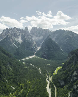 Aerial view of Monte Cristallo from Landro Lake (Durrensee) on Dolomites area, Upper Val Pusteria, Trentino, South Tyrol, Italy. - AAEF23673