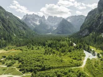 Aerial view of Monte Cristallo from Landro Lake (Durrensee) on Dolomites area, Upper Val Pusteria, Trentino, South Tyrol, Italy. - AAEF23675