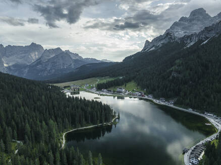 Aerial view of Misurina Lake at sunset with Sorapis mountain in background, Auronzo di Cadore, Dolomites, Veneto, Italy. - AAEF23687