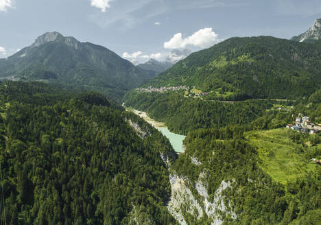 Aerial view of Valle di Cadore Lake, a mountain lake on the Dolomites in Valle di Cadore, Veneto, Belluno, Italy. - AAEF23694