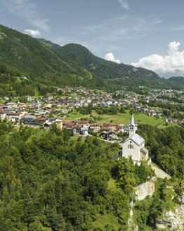 Aerial view of Valle di Cadore, a small town among the mountains on the Dolomites in Veneto, Belluno, Italy. - AAEF23698