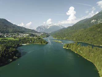 Aerial view of Lago di Cadore (Cadore Lake) on the Dolomites mountains, Belluno, Veneto, Italy. - AAEF23704