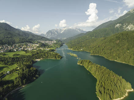 Aerial view of Lago di Cadore (Cadore Lake) on the Dolomites mountains, Belluno, Veneto, Italy. - AAEF23705