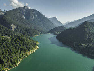 Aerial view of Lago di Cadore (Cadore Lake) on the Dolomites mountains, Belluno, Veneto, Italy. - AAEF23707