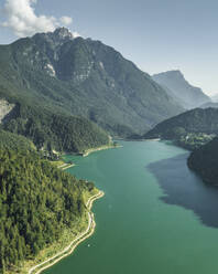 Aerial view of Lago di Cadore (Cadore Lake) on the Dolomites mountains, Belluno, Veneto, Italy. - AAEF23708