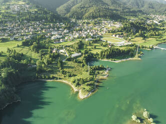 Aerial view of Vallesella, a small town along the Lago di Cadore (Cadore Lake) on the Dolomites mountains, Belluno, Veneto, Italy. - AAEF23713