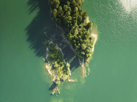 Aerial view of Caprioli Island (Isola dei Caprioli) on Cadore Lake (Lago di Cadore) on the Dolomites Mountains, Belluno, Veneto, Italy. - AAEF23717