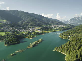 Aerial view of Lago di Cadore (Cadore Lake) on the Dolomites mountains, Belluno, Veneto, Italy. - AAEF23724