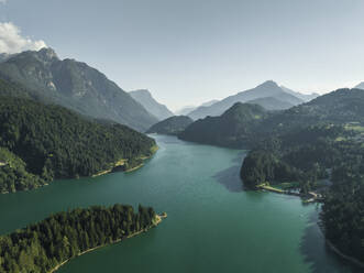 Aerial view of Lago di Cadore (Cadore Lake) on the Dolomites mountains, Belluno, Veneto, Italy. - AAEF23726