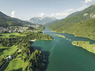 Aerial view of Lago di Cadore (Cadore Lake) on the Dolomites mountains, Belluno, Veneto, Italy. - AAEF23728