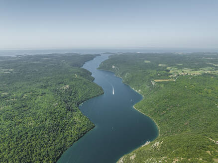 Luftaufnahme von Booten auf dem Limski-Fjord (Canal di Leme) in Sveti Lovrec, Istrien, Kroatien. - AAEF23792
