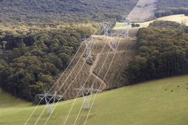 Luftaufnahme von Hochspannungsleitungen, die den Wald für konstanten Strom aufteilen, Victoria, Australien. - AAEF23863